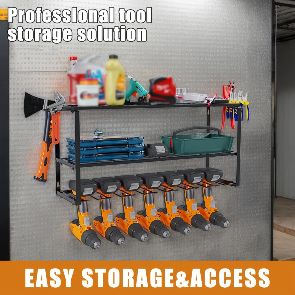 Wall Mount Power Tool Storage Rack, Heavy-Duty 150 Lb Steel 3-Tier & 4-Tier Garage Tool Organizer with 7 Bit Holders – Workshop Shed Basement Wall Storage
