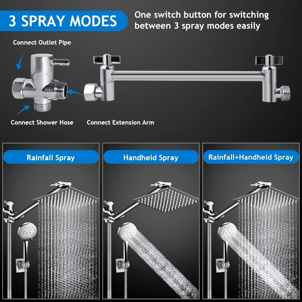 High Pressure Rainfall Shower Head Combo with Handheld Spray – 9 Spray Settings, 180° Adjustable Bracket, Stainless Steel Hose, Anti-Clog Nozzles, Modern Bathroom Shower System