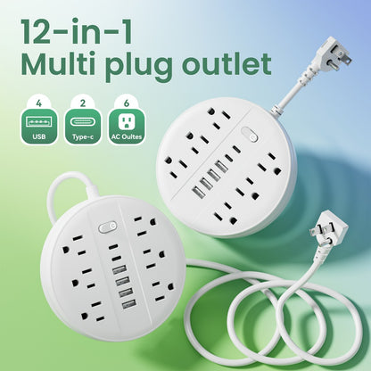 Surge Protector Power Strip 12-in-1 with 6 AC Outlets 4 USB-A 2 USB-C Flat Plug Wall Mount Overload Protection Desk Charging Station for Home Office Travel