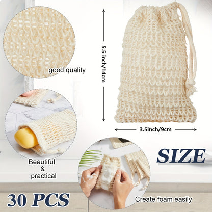 Soap Exfoliating Mesh Bag with Wooden Holder Set 60 Pcs | Natural Sisal Bath Scrubber Bags & Rectangle Wood Soap Dish for Shower, Bathroom Sink, Body Scrub & Skin Cleansing Accessories