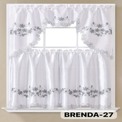 Kitchen Curtains 3 Piece Set Embroidered Satin Valance and Tiers - Rod Pocket Light Filtering Machine Washable 46 Colors Available All Season Home Decor