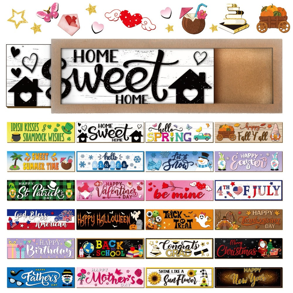 Interchangeable Seasonal Wood Welcome Sign 25-Piece Set – Wooden Frame Table Decor with Swappable Holiday Signs for Fall, Thanksgiving, Halloween & Autumn Wreath Decoration