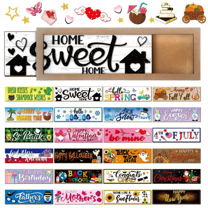 Interchangeable Seasonal Wood Welcome Sign 25-Piece Set – Wooden Frame Table Decor with Swappable Holiday Signs for Fall, Thanksgiving, Halloween & Autumn Wreath Decoration