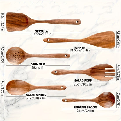 Wooden Kitchen Utensils Set – Natural Wood Spoon Spatula & Wok Spatula with Ergonomic Handle, Heat-Resistant Non-Stick Safe Cooking Tools, Easy to Clean Durable Kitchen Essentials (5 / 6 / 10 Piece Sets)