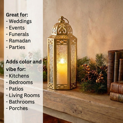 Moroccan Candle Lantern Holder - Decorative Metal & Glass Lantern with Embossed Floral Design for Indoor Home Decor, Garden, Patio, Weddings, Ramadan, Halloween & Holiday Celebrations - 10.5" Tall Medium Size
