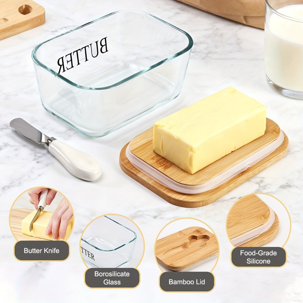 Glass Butter Dish with Lid and Knife – 1lb Large Airtight Butter Keeper Clear Glass Countertop Butter Container for Refrigerator Door Shelf Kitchen Decor & Gift