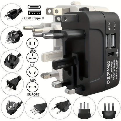 Universal Travel Adapter with Surge Protection - 2 USB & Type-C Ports, All-in-One International Plug for 350+ Countries, 100-240V Input, Fast Charging, Compact Lightweight Design, White & Black