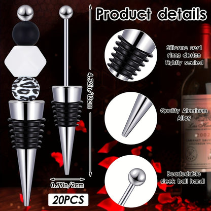 Beadable Wine Bottle Stoppers Set of 20 with 16-Slot Clear Acrylic 2-Tier Display Stand Rack - DIY Customizable Wine Stoppers Holder for Countertop, Wine Bar Decor, Gifts for Wine Lovers