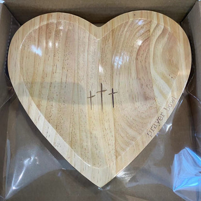 Wooden Prayer Bowl with 24 Prayer Cards – Hand-Carved Heart Shaped Cross Engraved Vintage Religious Gift Set for Easter, Christmas, Thanksgiving, Home Altar & Prayer Room Tabletop Decor