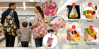 Reusable Grocery Bags Foldable Nylon Tote Bags Waterproof Washable Eco-Friendly Shopping Bag Set with Cute Floral Stripe Polka Dot Leopard Print 18/36pcs