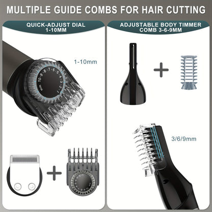7-in-1 Hair Clipper Grooming Kit for Men Professional Cordless Barber Trimmer Set Beard Nose Body Hair USB Rechargeable 9 Guide Combs Self-Sharpening Blade Home Barber Kit Black