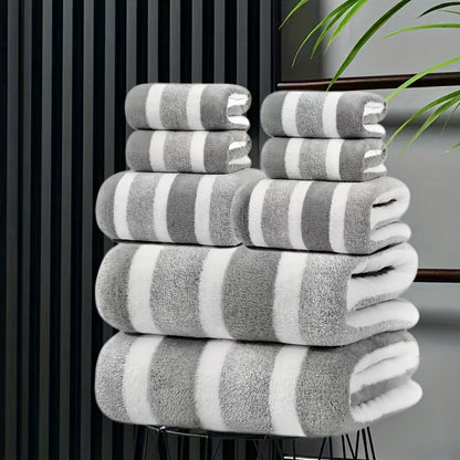 Towel Set 8 Piece Two-Color Striped - Super Absorbent Soft No Hair Loss Bath Towel Combo | 2 Bath Towels 2 Face Towels 4 Hand Towels | Grey Red Blue Green | Bathroom Family Hotel Spa Gift Set