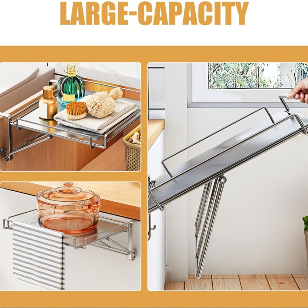 Foldable Stainless Steel Kitchen Storage Rack – Cabinet Door Organizer & Countertop Shelf for Kitchen, Bathroom & Pantry | Space-Saving Multi-Use Hanging Rack