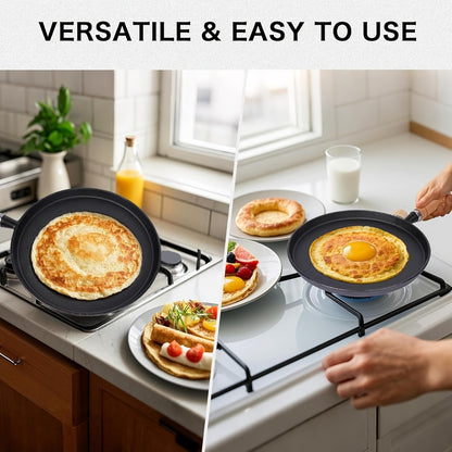 Cast Iron Skillet Non-stick Flat Pan 8.27/9.45/10.63 Inch for Pancakes Eggs & Crepes – Induction Gas Campfire Compatible Breakfast Griddle Pan for Indoor Outdoor Cooking
