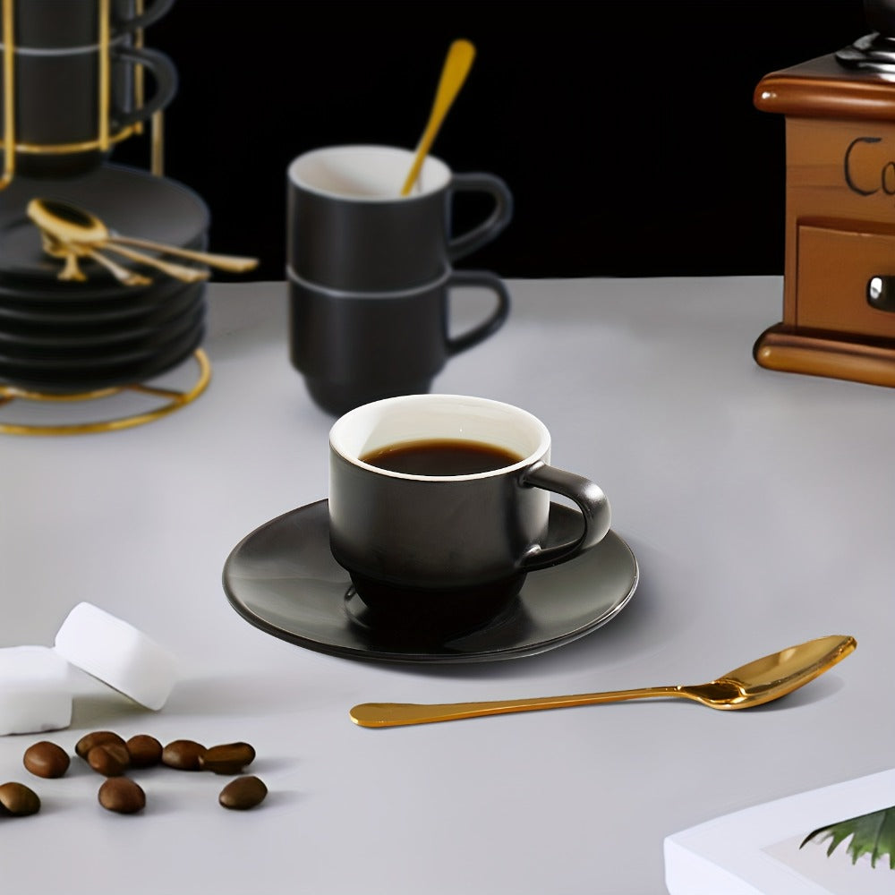 Espresso Cups Set of 6 with Saucers, Spoons & Metal Stand, 4oz Stackable Ceramic Cappuccino Mugs for Double Espresso, Lungo & Afternoon Tea – Matte Black & Matte White
