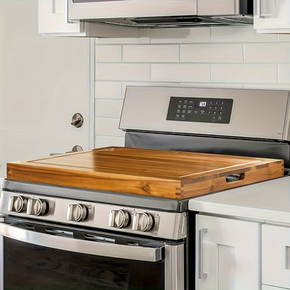 Acacia Wood Stove Top Cover Board 30x22 Inch, Gas Stove Cover with Handle Groove & Ventilation Holes, Extra Counter Space Cutting Board Serving Tray for Kitchen RV Camper, Multifunctional Charcuterie Board