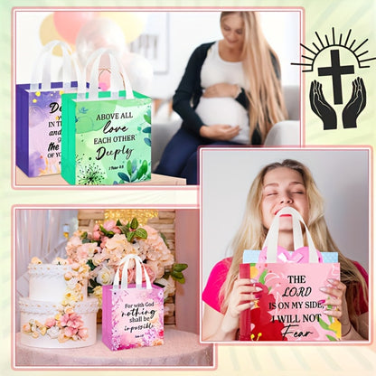 Religious Gift Bags with Handles Bulk 32 or 64 Pcs Bible Verse Flower Designs Reusable Non-Woven Tote Bags for Church Wedding Birthday Party Women Girls