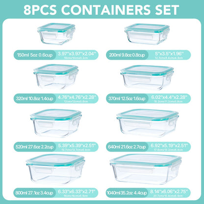 Glass Meal Prep Containers 16 Piece Set (8 Lids + 8 Containers) - Borosilicate Glass Food Storage with Leak Proof Lids, Oven Microwave Dishwasher Freezer Safe, BPA Free, Multiple Sizes