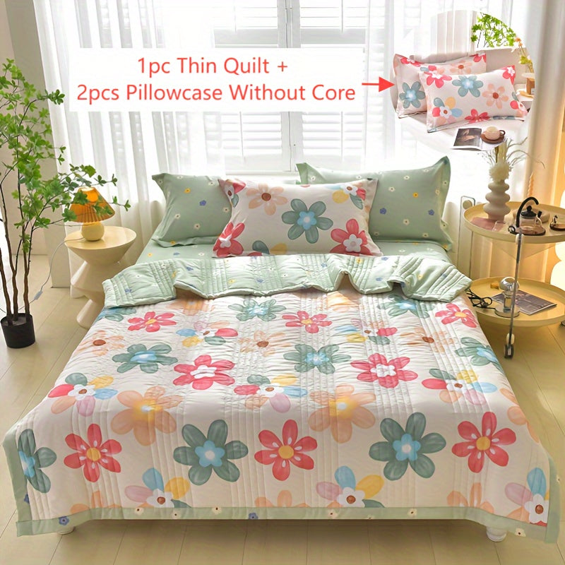 Quilt Set 3 Piece Summer Cooling – Floral Printed Thin Comforter with 2 Pillowcases, Soft Skin-Friendly Bedding for Twin Full Queen King, All Season Lightweight Blanket for Bedroom Hotel Guest Room
