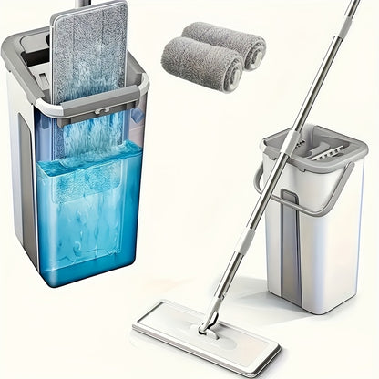 Flat Mop and Bucket Set with Wringer Metal Handle 2 Reusable Microfiber Pads Floor Mopping System for Bedroom Bathroom Kitchen Living Room Wall Floor Cleaning