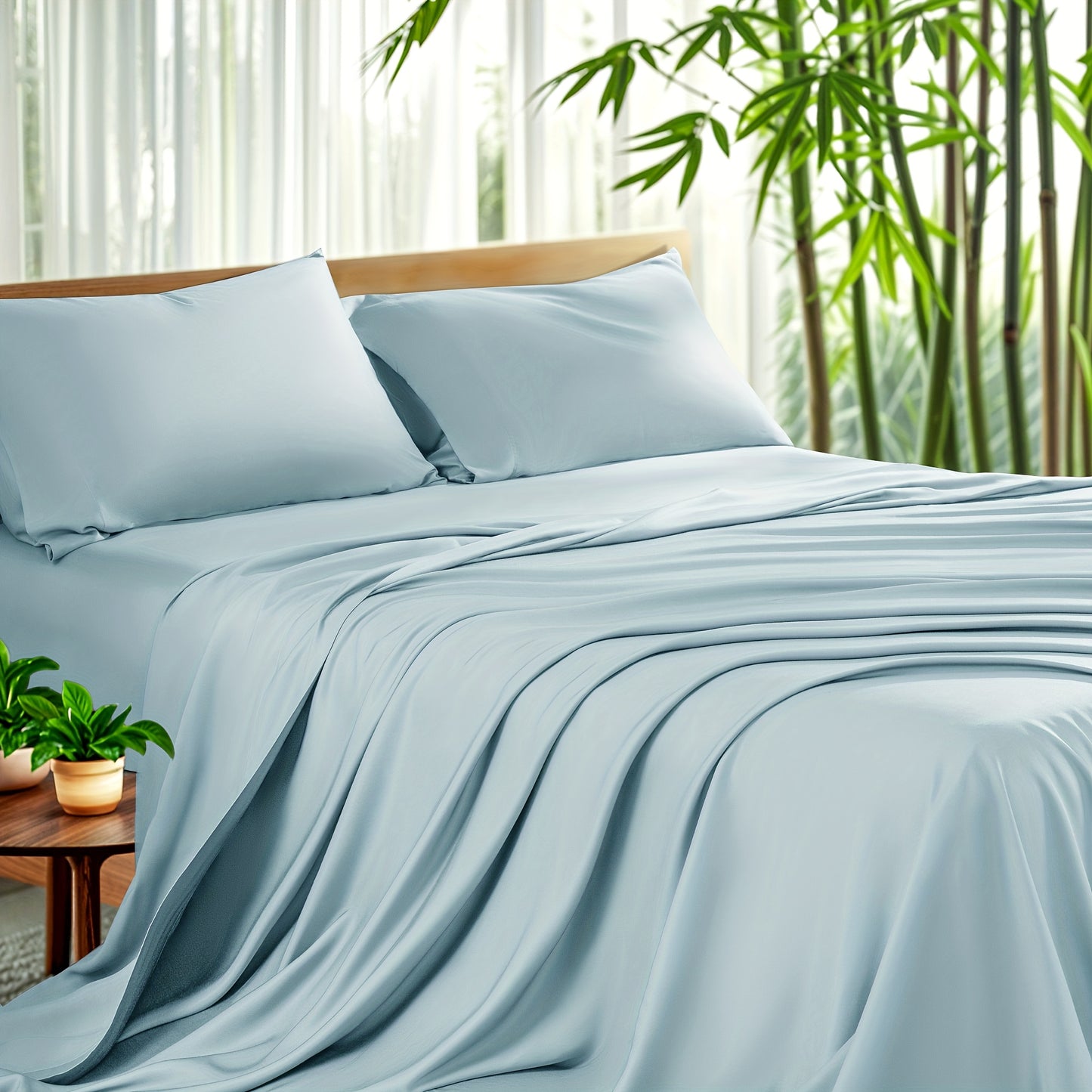 Bamboo Sheet Set 4pcs Cooling Deep Pocket Wrinkle Resistant Bedding All-Season Fitted Flat Sheet 2 Pillowcases Gift Box