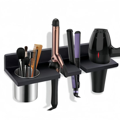 Wall Mounted Hair Tool Organizer – Wooden Hair Dryer Holder & Storage Rack for Curling Iron, Straightener & Brushes, Rustic Bathroom Salon Shelf (Brown & Black)