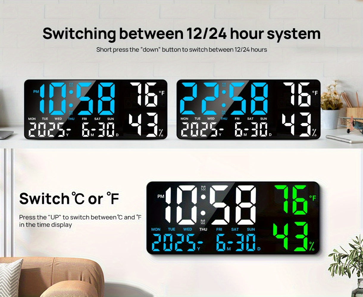 Large Digital Wall Clock with Remote Control – 14.6" LED Display Dual Alarm Clock with Night Light, Temperature, Humidity, Date & Week – RGB Color-Changing Bedroom & Living Room Clock Gift for Elderly