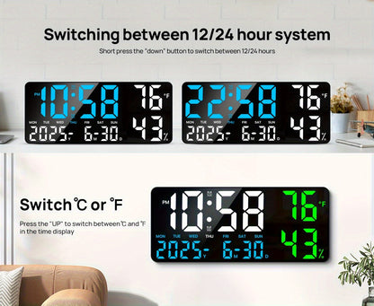 Large Digital Wall Clock with Remote Control – 14.6" LED Display Dual Alarm Clock with Night Light, Temperature, Humidity, Date & Week – RGB Color-Changing Bedroom & Living Room Clock Gift for Elderly