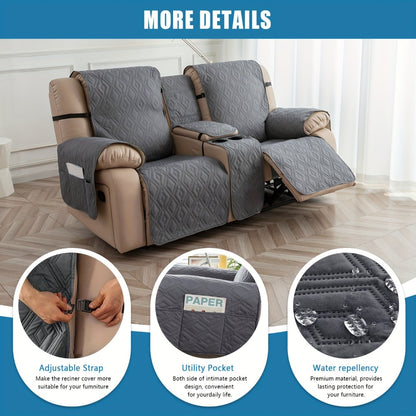 Recliner Loveseat Cover 4 Piece Set Waterproof Split Dual Recliner Sofa Slipcover with Center Console Cover & Straps - Pet Friendly Furniture Protector, Knit Polyester, 8 Colors, Black Grey Beige Navy