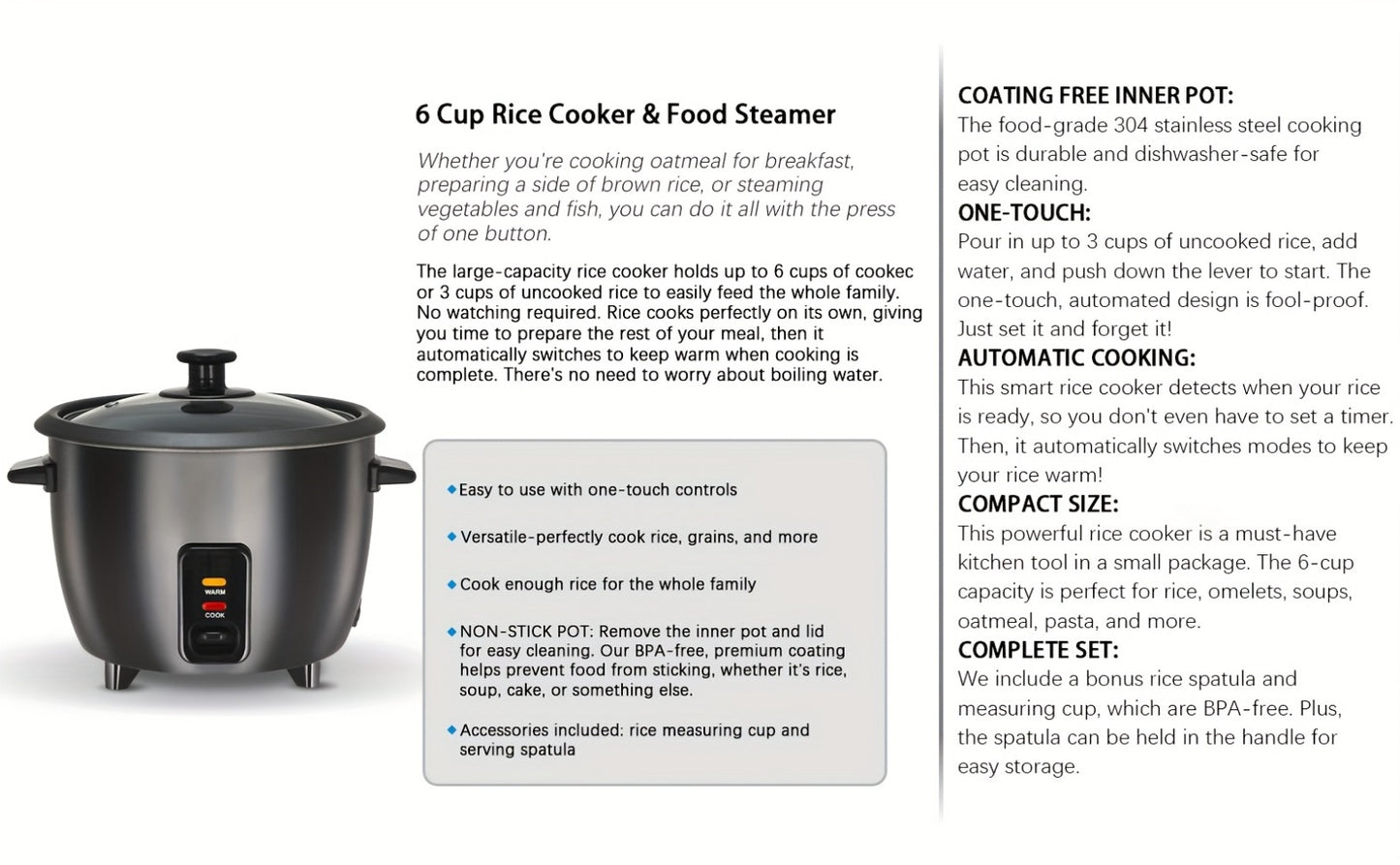Rice Cooker 6-Cup Non-Stick with Yogurt Maker Function - 3-Cup Uncooked Grain Cooker with Removable Non-Stick Pot Auto Keep Warm One-Touch Operation, Compact Electric Rice Cooker for Home Dorm Office Black