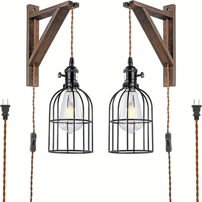 Plug In Wall Sconces Set of 2 or 1 – Rustic Farmhouse Wall Lamp with Metal Cage & Wooden Bracket, Plug-Into-Outlet Hanging Light for Bedroom, Living Room & Headboard