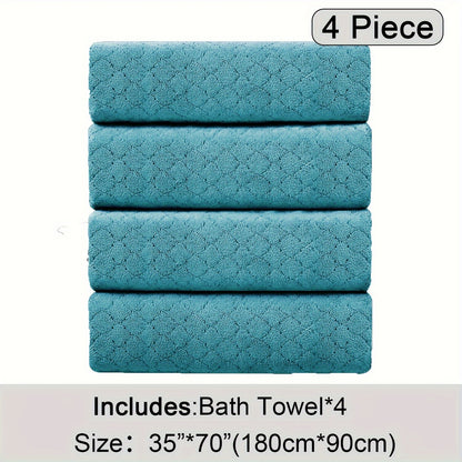 Oversized Bath Towel Set 4 Piece Diamond Pattern Microfiber - Ultra Soft Highly Absorbent Quick Dry | 10 Colors | Blue Green Black Gray Navy Orchid Brown Purple White Turquoise | Bathroom Hotel Gym Gift