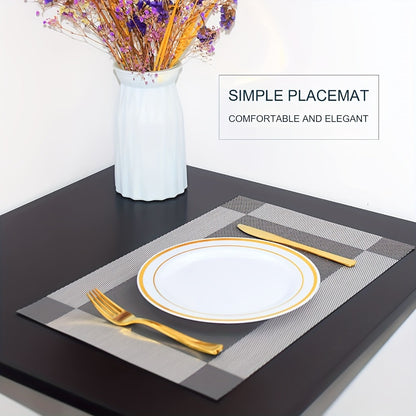 PVC Placemats Set of 6 Heat Resistant Non-Slip Washable Table Mats for Kitchen Dining Table, Easy Clean Vinyl Dinner Mats 11.8x17.7 Inch (Golden, Brown, Silver)