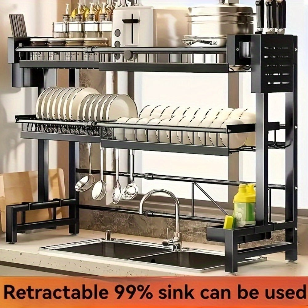 Dish Drying Rack Expandable Kitchen Sink Organizer - Countertop Dish Drainer with Drainage, Single or Double Layer Black Kitchen Storage Shelf for Plates, Cups & Utensils