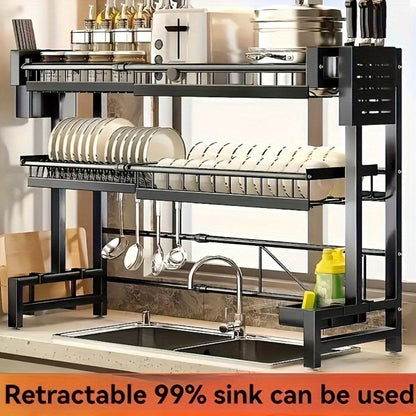 Dish Drying Rack Expandable Kitchen Sink Organizer - Countertop Dish Drainer with Drainage, Single or Double Layer Black Kitchen Storage Shelf for Plates, Cups & Utensils