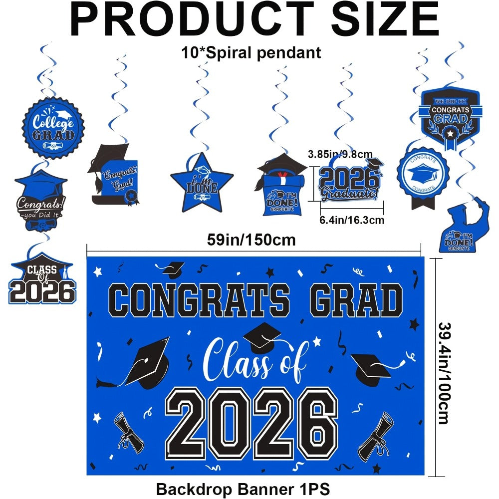 2026 Graduation Decorations Set – Congrats Grad Banner, Backdrop, Hanging Swirls & Honeycomb Table Toppers, Class of 2026 Party Supplies Kit