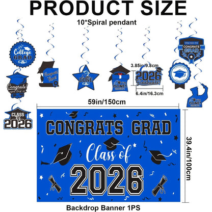 2026 Graduation Decorations Set – Congrats Grad Banner, Backdrop, Hanging Swirls & Honeycomb Table Toppers, Class of 2026 Party Supplies Kit