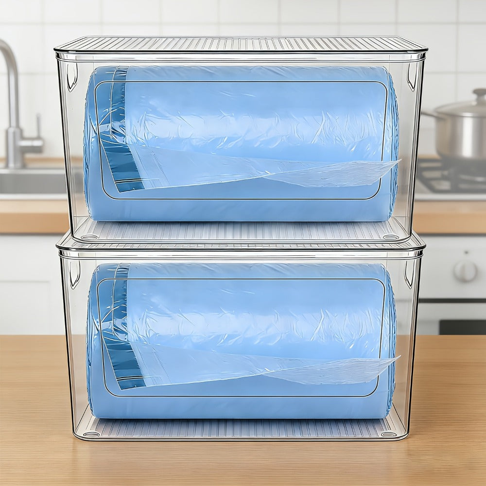 Trash Bag Dispenser 2 Pack – Clear Stackable Garbage Bag Holder for 13/30/33 Gallon Bags, Under Sink Organizer, Locking Lid, Anti-Slip, Kitchen Pantry Laundry Room Cabinet Storage