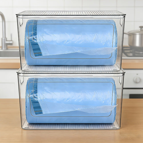 Trash Bag Dispenser 2 Pack – Clear Stackable Garbage Bag Holder for 13/30/33 Gallon Bags, Under Sink Organizer, Locking Lid, Anti-Slip, Kitchen Pantry Laundry Room Cabinet Storage