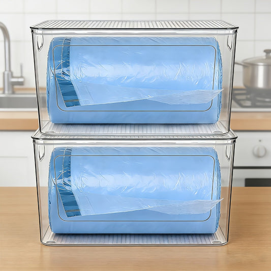 Trash Bag Dispenser 2 Pack – Clear Stackable Garbage Bag Holder for 13/30/33 Gallon Bags, Under Sink Organizer, Locking Lid, Anti-Slip, Kitchen Pantry Laundry Room Cabinet Storage