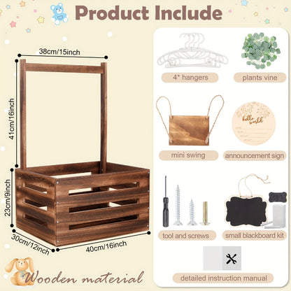 Wooden Gift Box Crate with Handle - Large Wood Keepsake Basket for Baby Shower Gifts Hamper Mom Dad Christmas Party Decor Storage Organizer