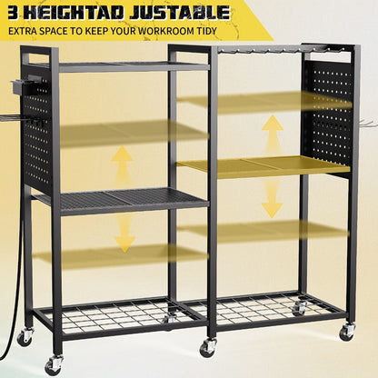 Mobile Tool Cart with Charging Station – 12 Drill Holders & 5 Storage Shelves Power Tool Organizer | Rolling Utility Rack Toolbox with Battery Charging Power Strip for Garage & Workshop | 4 Colors