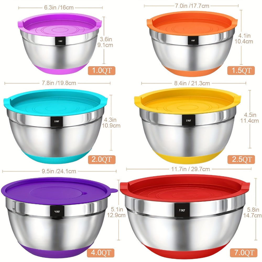 Mixing Bowls Set with Airtight Lids – 26pcs Stainless Steel Bowl Set with 3 Grater Attachments, Non-Slip Bottoms, Sizes 1–7QT – Kitchen Bowls for Mixing, Serving, Baking & Meal Prep
