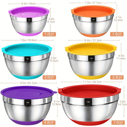 Mixing Bowls Set with Airtight Lids – 26pcs Stainless Steel Bowl Set with 3 Grater Attachments, Non-Slip Bottoms, Sizes 1–7QT – Kitchen Bowls for Mixing, Serving, Baking & Meal Prep