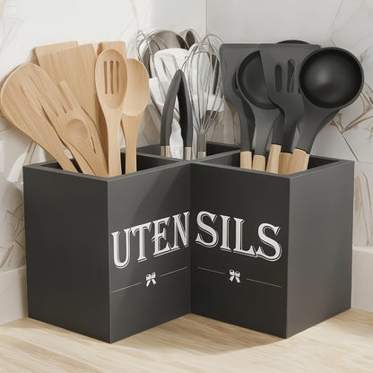 Kitchen Utensil Holder with 3 Compartments Extra Large Wooden Countertop Organizer | Farmhouse Black Kitchen Storage for Spatulas Whisks Spoons | Rustic Wood Utensil Caddy for Kitchen Organization