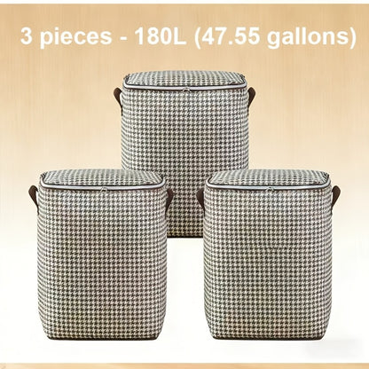Large Storage Bags Houndstooth Non-Woven Fabric Organizer with Double Zipper & Handles – 160L/180L Dustproof Foldable Storage Box for Bedroom, Closet, Moving, Travel & Dorm, 1pc or 3pcs Set