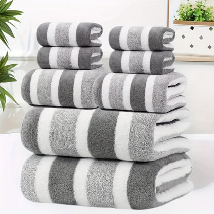 Towel Set 8 Piece Two-Color Striped - Super Absorbent Soft No Hair Loss Bath Towel Combo | 2 Bath Towels 2 Face Towels 4 Hand Towels | Grey Red Blue Green | Bathroom Family Hotel Spa Gift Set