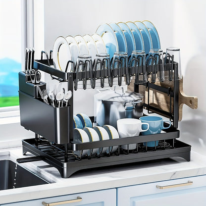 Dish Drying Rack 2 Tier with Drainboard for Kitchen Counter Metal Dish Drainer with Utensil Holder Cups Organizer Space Saving Kitchen Drying Rack Black White