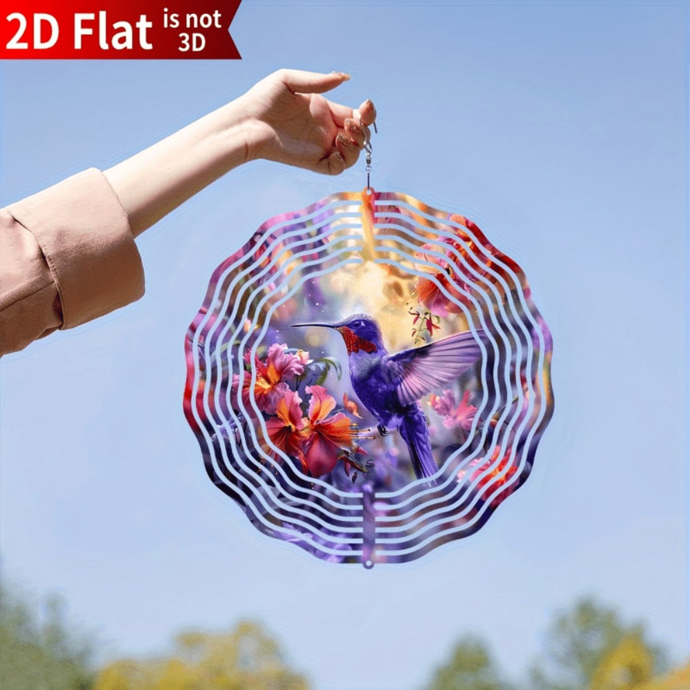 Hummingbird Wind Spinner for Garden – 10" Kinetic Metal Sculpture with Color-Changing Feathers, Wind-Powered 2D Flat Iron Art for Outdoor Yard Decor, Patio Stake Ornament, Bird Lover Gift