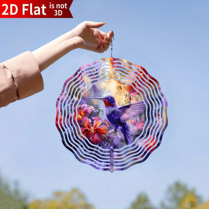 Hummingbird Wind Spinner for Garden – 10" Kinetic Metal Sculpture with Color-Changing Feathers, Wind-Powered 2D Flat Iron Art for Outdoor Yard Decor, Patio Stake Ornament, Bird Lover Gift